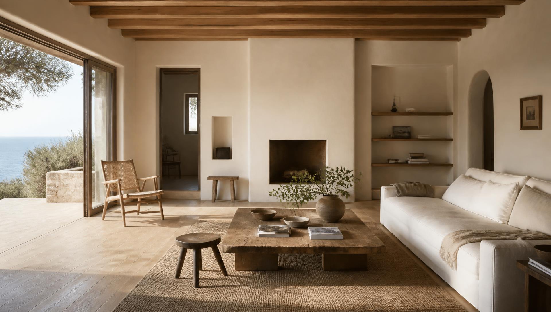 Sunlit coastal living room with limewashed walls and unlacquered oak beams