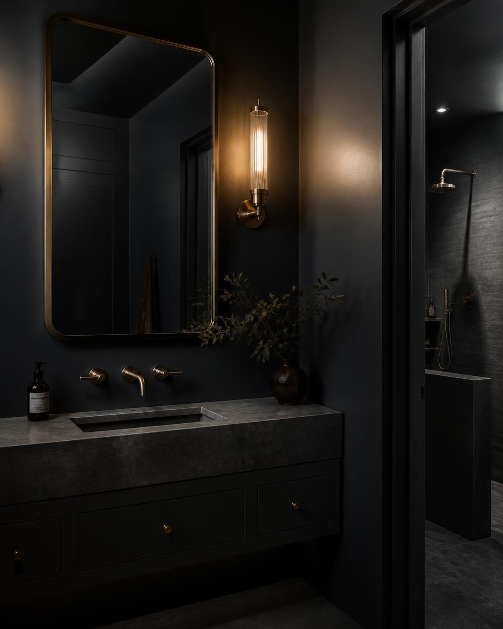 Dark primary bathroom with honed stone counter and a single warm light
